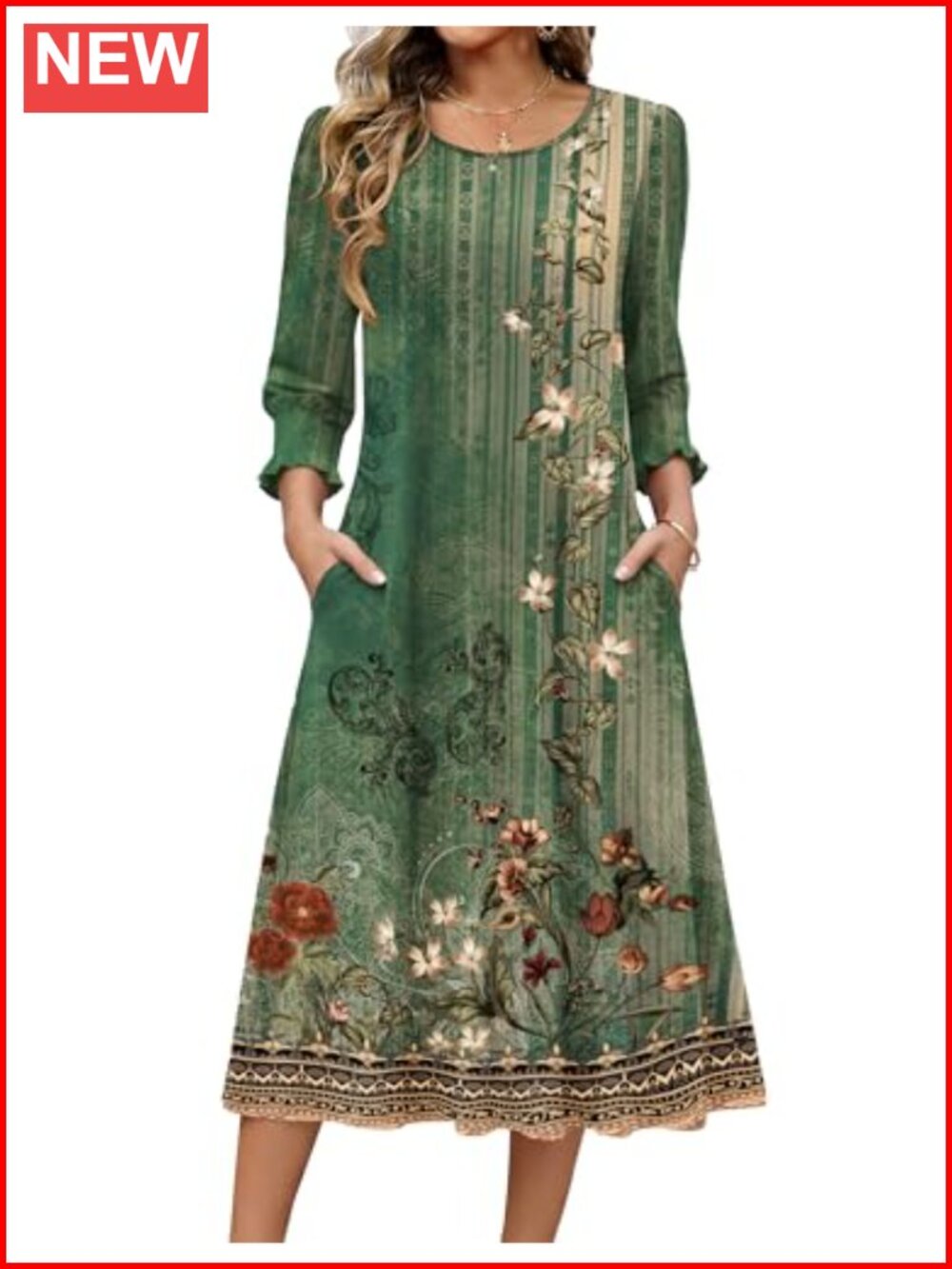 3/4 Sleeve Floral Midi Dress Women Casual Loose Fit with Pockets